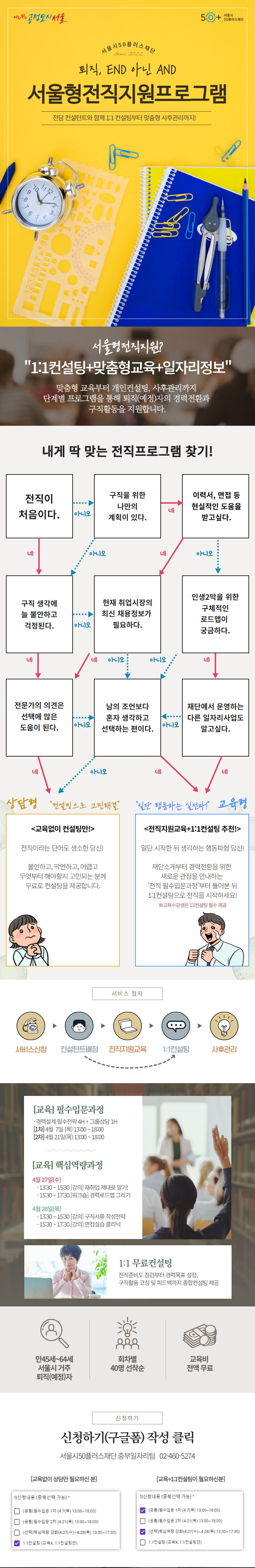 다시뛰는 공정도시 서울
50+서울시 50플러스재단
서울시 50플러스재단
퇴직, END 아닌 AND
서울형전직지원프로그램
전담 컨설턴트와 함께 1:1 컨설팅부터 맞춤형 사후관리까지!
서울형전직지원?
1:1컨설팅+맞춤형교육+일자리정보
맞춤형 교육부터 개인컨설팅, 사후관리까지
단계별 프로그램을 통해 퇴직(예정)자의 경력전환과
구직활동을 지원합니다.
내게 딱 맞는 전직프로그램 찾기!
전직이 처음이다
구직을 위한 나만의 계획이 있다
이력서, 면접등 현실적인 도움을 받고 싶다
구직 생각에 늘 불안하고 걱정된다
현재 취업시장의 최신 채용정보가 필요하다
인생2막을 위한 구체적인 로드맵이 궁금하다
전문가의 의견은 선택에 많은 도움이 된다
남의 조언보다 혼자 생각하고 선택하는 편이다
재단에서 운영하는 다른 일자리사업도 알고 싶다
상담형 컨설팅으로 고민해결
교육 없이 컨설팅만!
전직이라는 단어도 생소한 당신!
불안하고, 막연하고, 어렵고
무엇부터 해야할지 고민되는 분께
무료로 컨설팅을 제공합니다
일단 행동하는 실전파! 교육형
전직지원교육+1:1컨설팅 추천!
일단 시작한 뒤 생각하는 행동파형 당신!
재단소개부터 경력전환을 위한
새로운 관점을 안내하는
전직 필수입문과정 부터 들어본 뒤
1:1컨설팅으로 전직을 시작하세요!
교육수강생은 1:1컨설팅 필수 제공
서비스 절차
서비스신청,컨설턴트배정,전직지원교육,1:1컨설팅,사후관리
교육 필수입문과정
경력설계 필수전략 4H + 그룹상담 1H
1차 4월 7일 (목) 13:00 ~ 18:00
2차 4월 21일 (목) 13:00 ~ 18:00
교육 핵심역량과정
4월 27일(수)
13:30 ~ 15:30 강의 재취업 제대로 알기!
15:30 ~ 17:30 워크숍 경력로드맵 그리기
4월 28일(목)
13:30 ~ 15:30 강의 구직서류 작성전략
15:30 ~ 17:30 강의 면접실습 클리닉
1:1 무료컨설팅
전직준비도 점검부터 경력목표 설정,
구직활동 코칭 및 피드백까지 종합컨설팅 제공
만45세~64세 서울시 거주 퇴직(예정)자
회차별 40명 선착순
교육비 전액 무료
신청하기
신청하기(구글폼) 작성 클릭
서울시50플러스재단 중부일자리팀 02-460-5274
교육없이 상담만 필요하신분
1.신청내용(중복선택가능)
(공통)필수입문 1차(4.7(목) 13:~18:00)
(공통)필수입문 2차(4.21(목) 13:00~18:00)
(선택)핵심역량 강화(4.27(수)~4.28(목) 13:30~17:30)
1:1컨설팅(교육X, 1:1컨설팅만)
교육+1:1컨설팅이 필요하신분
1.신청내용(중복선택가능)
(공통)필수입문 1차(4.7(목) 13:~18:00)
(공통)필수입문 2차(4.21(목) 13:00~18:00)
(선택)핵심역량 강화(4.27(수)~4.28(목) 13:30~17:30)
1:1컨설팅(교육X, 1:1컨설팅만)