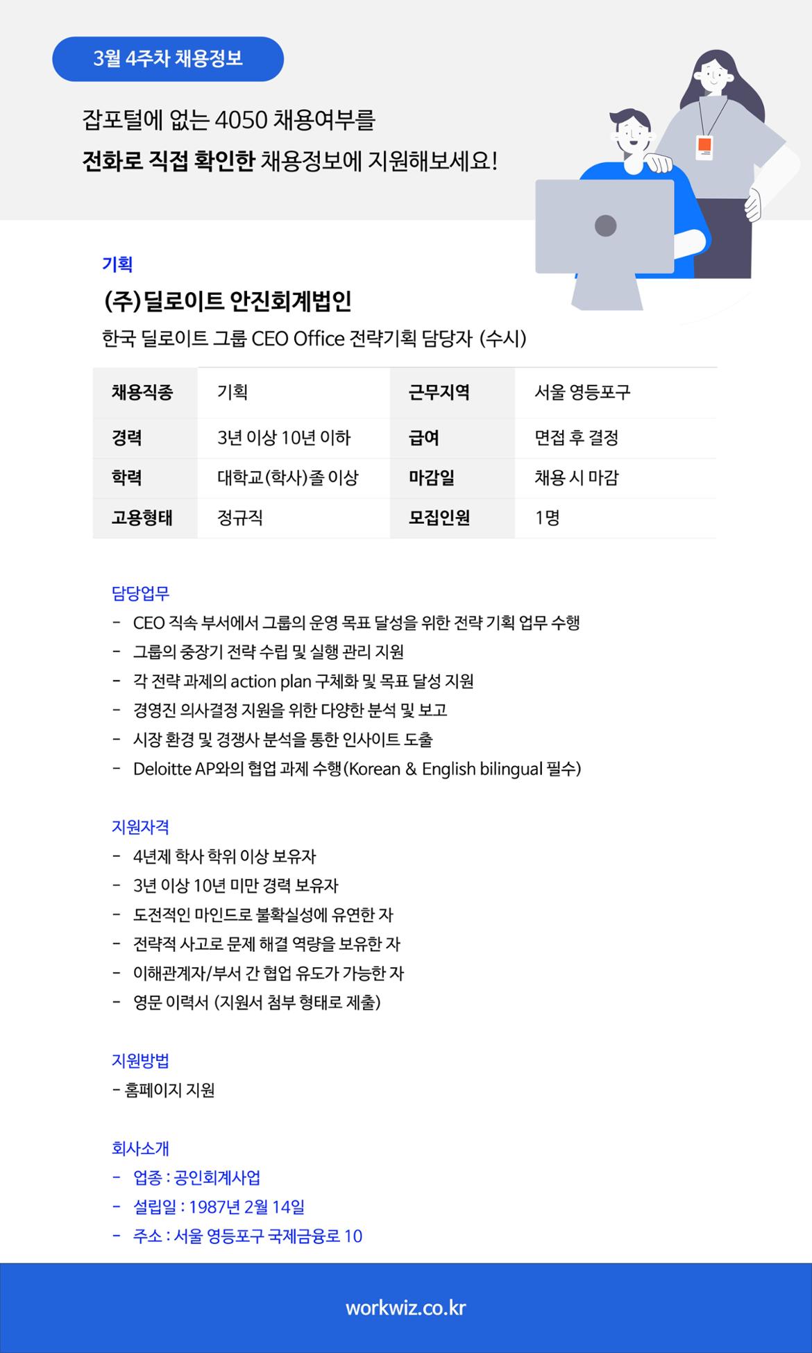 3월 4주차 채용정보
잡포털에 없는 4050 채용여부를
전화로 직접 확인한 채용정보에 지원해보세요!
기획
(주)딜로이트 안진회계법인
한국 딜로이트 그룹 CEO Office 전략기획 담당자(수시)
채용직종 기획
근무지역 서울 영등포구
경력 3년 이상 10년 이하
급여 면접 후 결정
학력 대학교(학사)졸 이상
마감일 채용 시 마감
고용형태 정규직
모집인원 1명
담당업무
- CEO 직속 부서에서 그룹의 운영 목표 달성을 위한 전략 기획 업무 수행
- 그룹의 중장기 전략 수립 및 실행 관리 지원
- 각 전략 과제의 action plan 구체화 및 목표 달성 지원
- 경영진 의사결정 지원을 위한 다양한 분석 및 보고
- 시장 환경 및 경쟁사 분석을 통한 인사이트 도출
- Deloitte AP와의 협업 과제 수행(Korean & English bilingual 필수)
지원자격
- 4년제 학사 학위 이상 보유자
- 3년 이상 10년 미만 경력 보유자
- 도전적인 마인드로 불확실성에 유연한 자
- 전략적 사고로 문제 해결 역량을 보유한 자
- 이해관계자/부서 간 협업 유도가 가능한 자
- 영문 이력서(지원서 첨부 형태로 제출)
지원방법
- 홈페이지 지원
회사소개
- 업종:공인회계사업
- 설립일:1987년 2월 14일
- 주소:서울 영등포구 국제금융로10
workwiz.co.kr