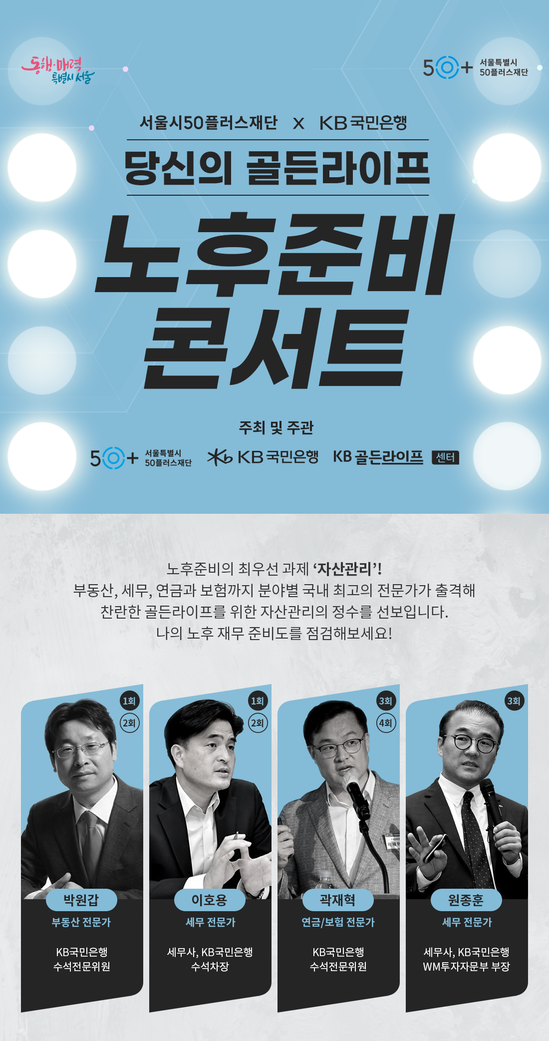 동해·매력 특별시 서울
서울시50플러스재단 X KB국민은행
당신의 골든라이프
50+
노후준비
콘서트
주최 및 주관
서울특별시
50플러스재단
50+
서울특별시
50플러스재단
KB국민은행 KB골든라이프 젠센터
노후준비의 최우선 과제 '자산관리'!
부동산, 세무, 연금과 보험까지 분야별 국내 최고의 전문가가 출격해 찬란한 골든라이프를 위한 자산관리의 정수를 선보입니다.
나의 노후 재무 준비도를 점검해보세요!
1회
1회
3회
3회
(2회
(2회
(4회
박원갑
부동산 전문가
이호용
세무 전문가
곽재혁
연금/보험 전문가
원종훈
세무 전문가
KB국민은행 수석전문위원
세무사, KB국민은행
KB국민은행
세무사, KB국민은행
수석차장
수석전문위원
WM투자자문부 부장